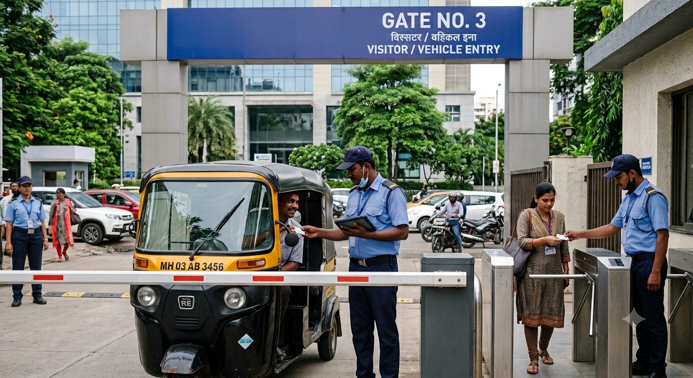 Vajra guards managing vehicle entry at a gate